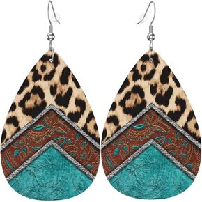 Leopard Print Blue Green Brown Faux Leather Teardrop Earrings for Women Drop Dangle Earrings Gift