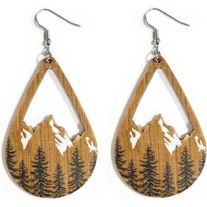 Bohemian Wooden Hollow Mountain Dangle Earrings Lightweight Nature Landscape Painting Drop Earrings for Women Statement Outdoor Enthusiast Jewelry Gifts-Water Drop C