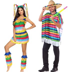 7PCS Halloween Couple Costume for Adult Mexican Costume and Pinata Costume Mexican Fiesta Dress Couple Costume for Halloween Couple Cosplay Cinco De Mayo Party Dress up (L Size)