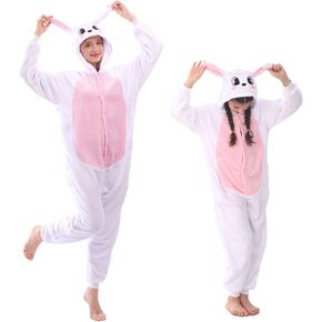 Animal Hooded Onesie Costume for Kids Adults Boys Girls Halloween Easter Cosplay Outfit Kit White Pink Rabbit