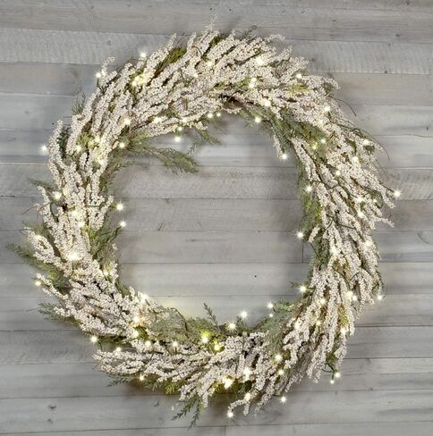 Red Co. 30" Christmas Wreath with White Berries and Cedar, Battery-Operated LED Lights, Artificial Home Décor for Fall and Winter in Saudi Arabia