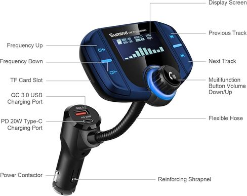 Sumind (Upgraded Version) Bluetooth FM Transmitter Wireless Radio Adapter Hands-Free Car Kit with 1.7 Inch Display, QC3.0 and Smart 2.4 A Dual USB Ports AUX Input/Output, TF Card Mp3 Player(PD, Black) in Kuwait