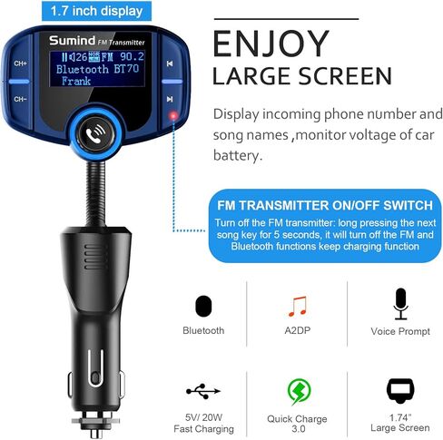 Sumind (Upgraded Version) Bluetooth FM Transmitter Wireless Radio Adapter Hands-Free Car Kit with 1.7 Inch Display, QC3.0 and Smart 2.4 A Dual USB Ports AUX Input/Output, TF Card Mp3 Player(PD, Black) in Kuwait