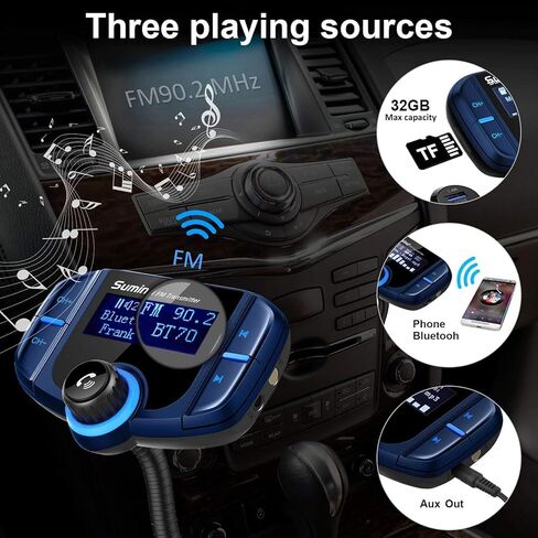 Sumind (Upgraded Version) Bluetooth FM Transmitter Wireless Radio Adapter Hands-Free Car Kit with 1.7 Inch Display, QC3.0 and Smart 2.4 A Dual USB Ports AUX Input/Output, TF Card Mp3 Player(PD, Black) in Kuwait