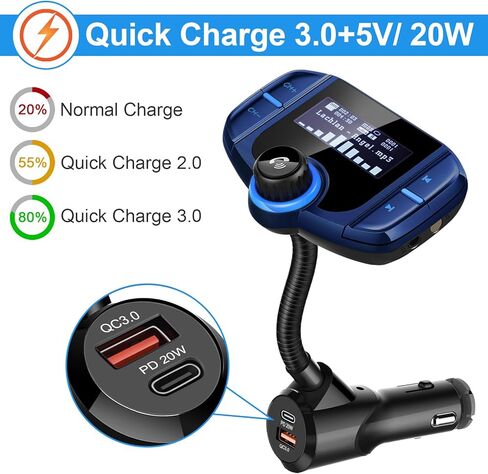 Sumind (Upgraded Version) Bluetooth FM Transmitter Wireless Radio Adapter Hands-Free Car Kit with 1.7 Inch Display, QC3.0 and Smart 2.4 A Dual USB Ports AUX Input/Output, TF Card Mp3 Player(PD, Black) in Kuwait