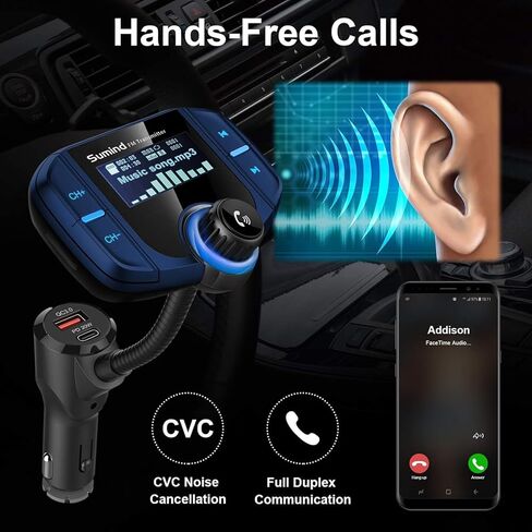 Sumind (Upgraded Version) Bluetooth FM Transmitter Wireless Radio Adapter Hands-Free Car Kit with 1.7 Inch Display, QC3.0 and Smart 2.4 A Dual USB Ports AUX Input/Output, TF Card Mp3 Player(PD, Black) in Kuwait