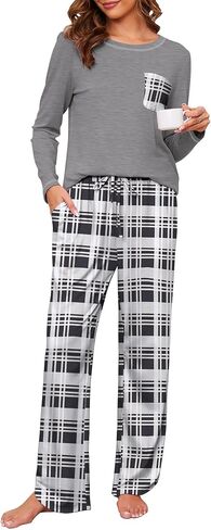 Cotton Pajamas for Women Set 2 Piece Lounge Sets Print Long Sleeve Pj Set Winter Loungewear Sleepwear with Pockets in Kuwait