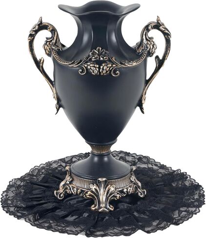 Gothic Victorian Resin Flower Vase Black/Silver 14" – Creepy Lace Doily Table Mat – Goth Home Decor – Black Wedding Spooky Centerpiece in Saudi Arabia