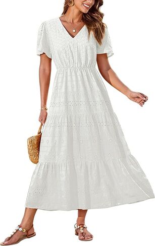 GRACE KARIN Summer Women's Maxi Dress Flowy V-Neck Short Sleeve Bohemian Beach Sundress Casual Tiered Long Dresses for Women in Kuwait
