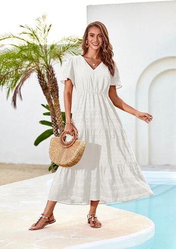 GRACE KARIN Summer Women's Maxi Dress Flowy V-Neck Short Sleeve Bohemian Beach Sundress Casual Tiered Long Dresses for Women in Kuwait
