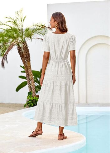 GRACE KARIN Summer Women's Maxi Dress Flowy V-Neck Short Sleeve Bohemian Beach Sundress Casual Tiered Long Dresses for Women in Kuwait