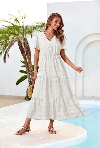 GRACE KARIN Summer Women's Maxi Dress Flowy V-Neck Short Sleeve Bohemian Beach Sundress Casual Tiered Long Dresses for Women in Kuwait