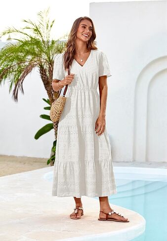 GRACE KARIN Summer Women's Maxi Dress Flowy V-Neck Short Sleeve Bohemian Beach Sundress Casual Tiered Long Dresses for Women in Kuwait