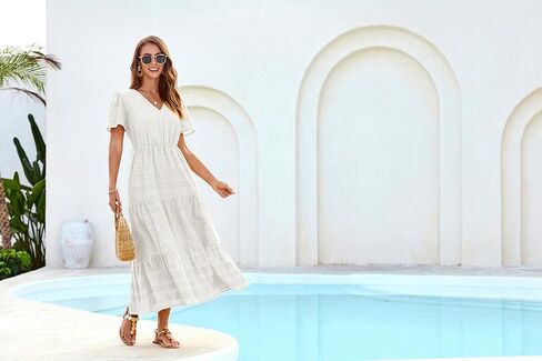 GRACE KARIN Summer Women's Maxi Dress Flowy V-Neck Short Sleeve Bohemian Beach Sundress Casual Tiered Long Dresses for Women in Kuwait