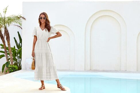 GRACE KARIN Summer Women's Maxi Dress Flowy V-Neck Short Sleeve Bohemian Beach Sundress Casual Tiered Long Dresses for Women in Kuwait