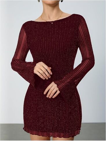 Milumia Women's Sparkly Mesh Long Sleeve Short Dress Backless Glitter Mini Dresses in Saudi Arabia
