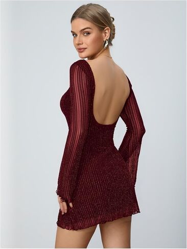 Milumia Women's Sparkly Mesh Long Sleeve Short Dress Backless Glitter Mini Dresses in Saudi Arabia