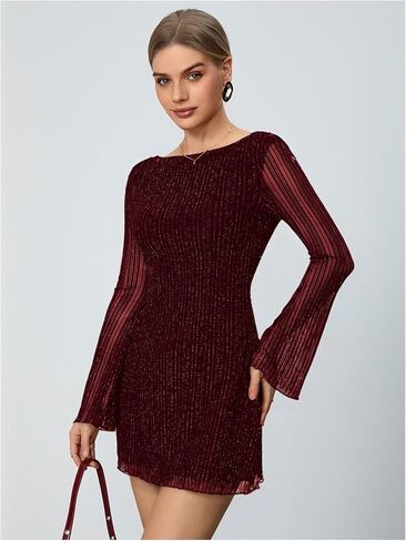 Milumia Women's Sparkly Mesh Long Sleeve Short Dress Backless Glitter Mini Dresses in Saudi Arabia