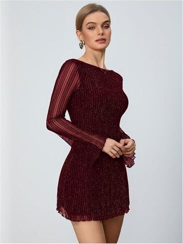 Milumia Women's Sparkly Mesh Long Sleeve Short Dress Backless Glitter Mini Dresses in Saudi Arabia