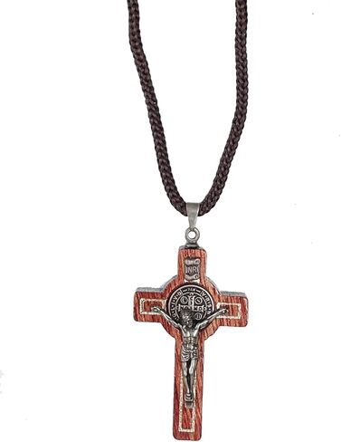 Catholica Shop Saint Benedict Medal Wood Crucifix Pendant Cord Necklace. Religious Necklace for Men and Women. Made in Brazil in Kuwait