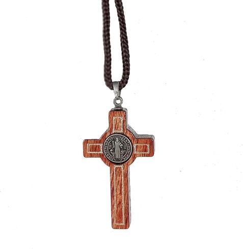 Catholica Shop Saint Benedict Medal Wood Crucifix Pendant Cord Necklace. Religious Necklace for Men and Women. Made in Brazil in Kuwait