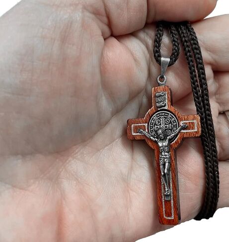 Catholica Shop Saint Benedict Medal Wood Crucifix Pendant Cord Necklace. Religious Necklace for Men and Women. Made in Brazil in Kuwait
