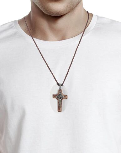 Catholica Shop Saint Benedict Medal Wood Crucifix Pendant Cord Necklace. Religious Necklace for Men and Women. Made in Brazil in Kuwait
