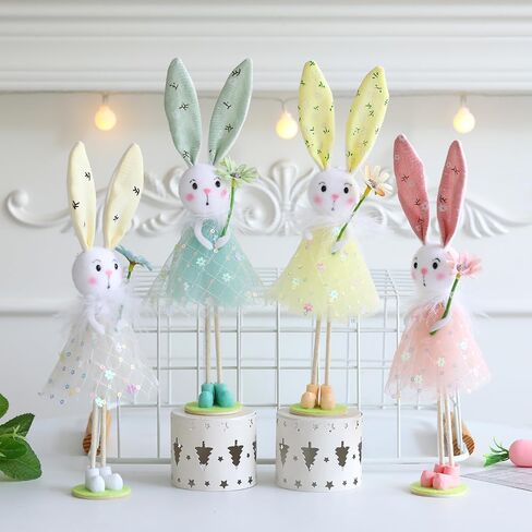 BALONAR Easter Standing Spring Bunny Figurines Set of 4 with Holding Flowers and Gauze Puffy Skirt Easter Rabbit Statue for Easter Home Office Spring Holiday Decor (Colorful) in Kuwait