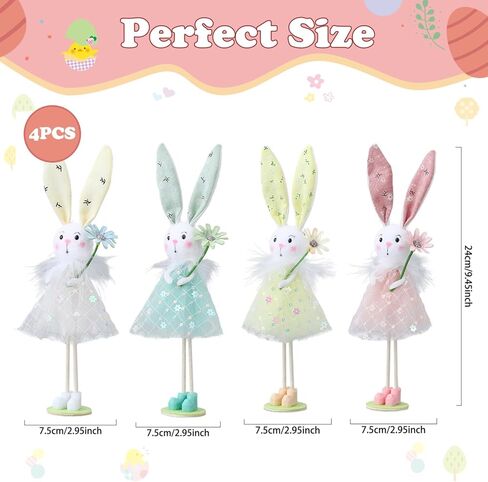 BALONAR Easter Standing Spring Bunny Figurines Set of 4 with Holding Flowers and Gauze Puffy Skirt Easter Rabbit Statue for Easter Home Office Spring Holiday Decor (Colorful) in Kuwait