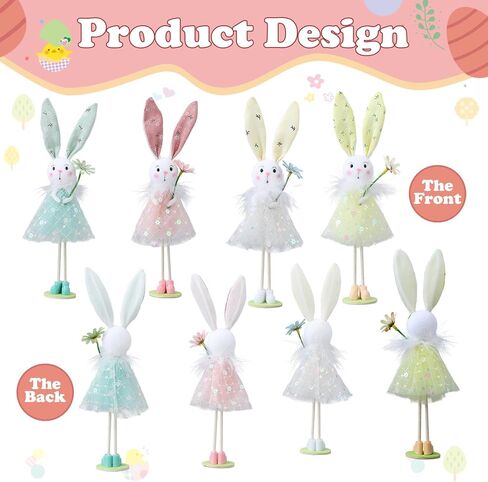 BALONAR Easter Standing Spring Bunny Figurines Set of 4 with Holding Flowers and Gauze Puffy Skirt Easter Rabbit Statue for Easter Home Office Spring Holiday Decor (Colorful) in Kuwait