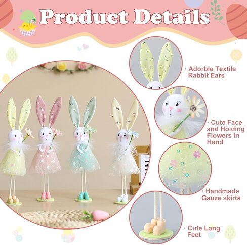 BALONAR Easter Standing Spring Bunny Figurines Set of 4 with Holding Flowers and Gauze Puffy Skirt Easter Rabbit Statue for Easter Home Office Spring Holiday Decor (Colorful) in Kuwait