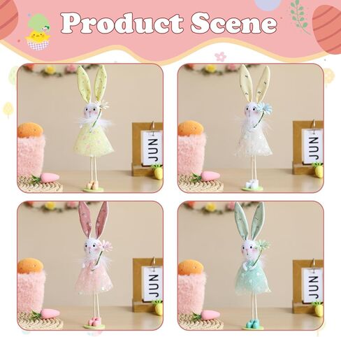 BALONAR Easter Standing Spring Bunny Figurines Set of 4 with Holding Flowers and Gauze Puffy Skirt Easter Rabbit Statue for Easter Home Office Spring Holiday Decor (Colorful) in Kuwait