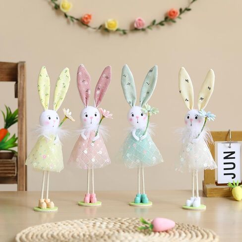 BALONAR Easter Standing Spring Bunny Figurines Set of 4 with Holding Flowers and Gauze Puffy Skirt Easter Rabbit Statue for Easter Home Office Spring Holiday Decor (Colorful) in Kuwait