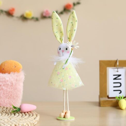 BALONAR Easter Standing Spring Bunny Figurines Set of 4 with Holding Flowers and Gauze Puffy Skirt Easter Rabbit Statue for Easter Home Office Spring Holiday Decor (Colorful) in Kuwait