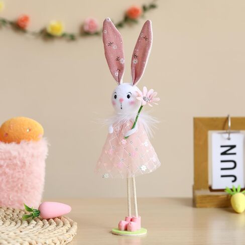 BALONAR Easter Standing Spring Bunny Figurines Set of 4 with Holding Flowers and Gauze Puffy Skirt Easter Rabbit Statue for Easter Home Office Spring Holiday Decor (Colorful) in Kuwait