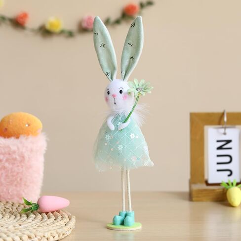 BALONAR Easter Standing Spring Bunny Figurines Set of 4 with Holding Flowers and Gauze Puffy Skirt Easter Rabbit Statue for Easter Home Office Spring Holiday Decor (Colorful) in Kuwait
