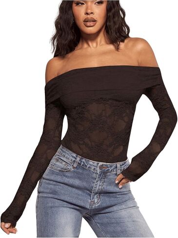 WDIRARA Women's Mesh Leopard Print Long Sleeve Off Shoulder Crop Top Slim Fit Casual Tee Shirt in Saudi Arabia