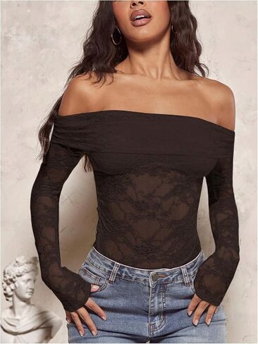 WDIRARA Women's Mesh Leopard Print Long Sleeve Off Shoulder Crop Top Slim Fit Casual Tee Shirt in Saudi Arabia