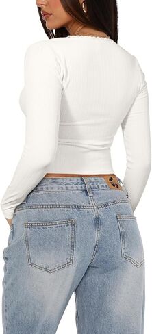 REORIA Womens Long Sleeve Shirts Basic Crop Tops Square Neck Slim Y2K Fit Fall Winter Cute Clothes Outfits in Saudi Arabia