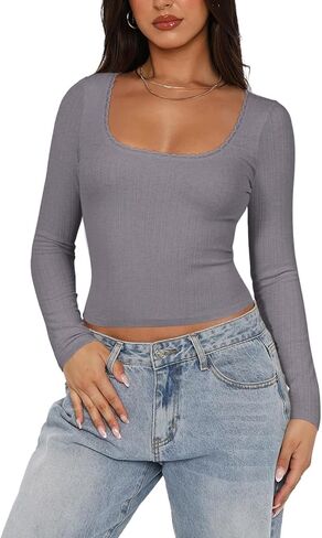 REORIA Womens Long Sleeve Shirts Basic Crop Tops Square Neck Slim Y2K Fit Fall Winter Cute Clothes Outfits in Saudi Arabia