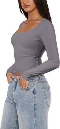 REORIA Womens Long Sleeve Shirts Basic Crop Tops Square Neck Slim Y2K Fit Fall Winter Cute Clothes Outfits in Saudi Arabia