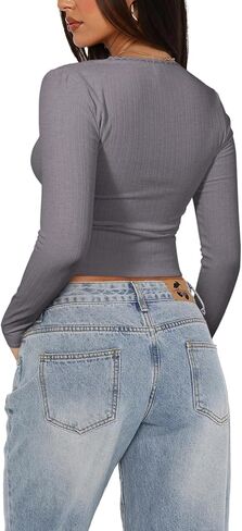 REORIA Womens Long Sleeve Shirts Basic Crop Tops Square Neck Slim Y2K Fit Fall Winter Cute Clothes Outfits in Saudi Arabia