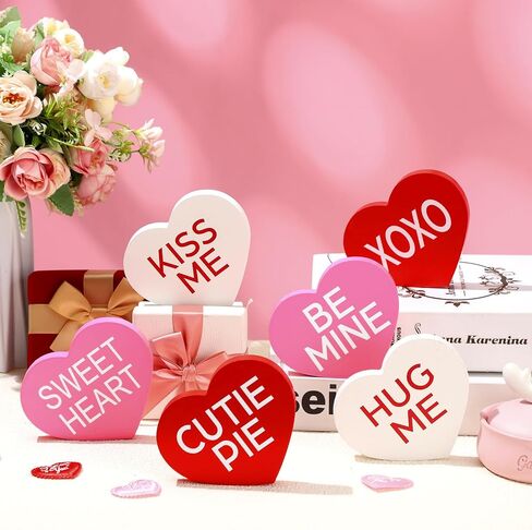 Qunclay 6 Pcs Valentine's Day Wood Sign Rustic Heart Shaped Wooden Sign Love Wooden Decor Freestanding Valentine's Day Table Decor for Desk Office Home Mantel Room Party Farmhouse Tiered Tray Decor in Saudi Arabia