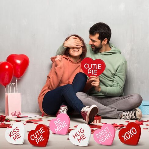 Qunclay 6 Pcs Valentine's Day Wood Sign Rustic Heart Shaped Wooden Sign Love Wooden Decor Freestanding Valentine's Day Table Decor for Desk Office Home Mantel Room Party Farmhouse Tiered Tray Decor in Saudi Arabia