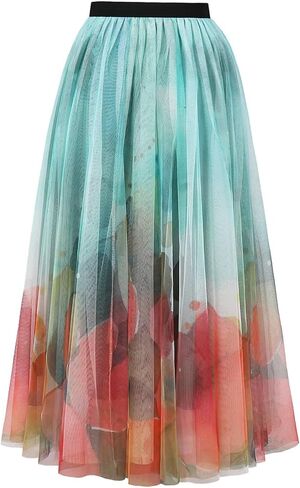 ChicVibes Women's Long Tulle Casual Boho Floral Printed Elastic High Waist Maxi Skirts in Saudi Arabia