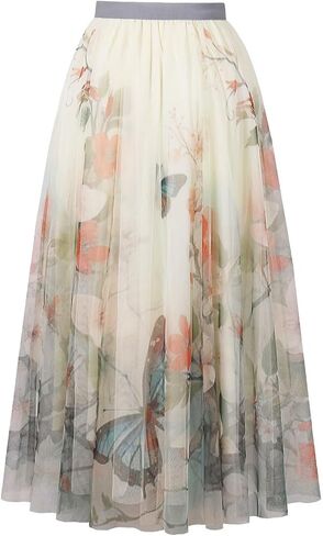ChicVibes Women's Long Tulle Casual Boho Floral Printed Elastic High Waist Maxi Skirts in Saudi Arabia