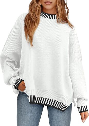 Saodimallsu Womens Oversized Sweaters Crewneck Color Block Winter Sweater Lantern Sleeve Side Slit Knit Pullover Tops in Saudi Arabia