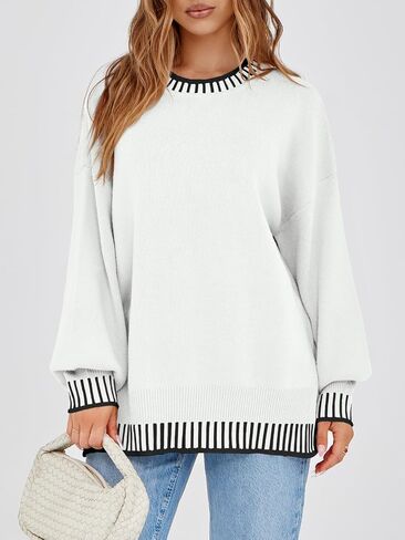 Saodimallsu Womens Oversized Sweaters Crewneck Color Block Winter Sweater Lantern Sleeve Side Slit Knit Pullover Tops in Saudi Arabia