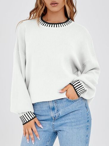 Saodimallsu Womens Oversized Sweaters Crewneck Color Block Winter Sweater Lantern Sleeve Side Slit Knit Pullover Tops in Saudi Arabia