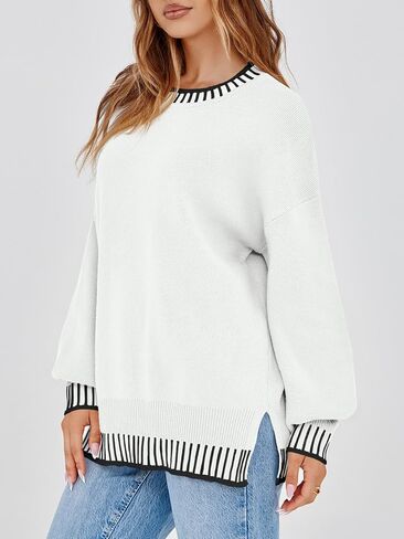 Saodimallsu Womens Oversized Sweaters Crewneck Color Block Winter Sweater Lantern Sleeve Side Slit Knit Pullover Tops in Saudi Arabia